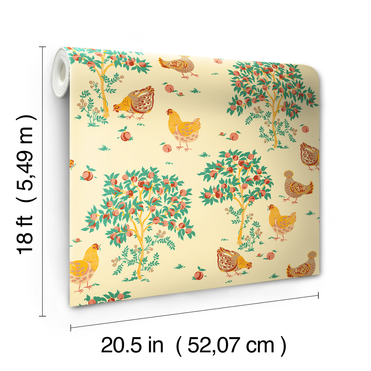 Hen House Butter Yellow by NuWallpaper PrintFresh Cozy Hens and Fruit Trees Eclectic Countryside Pastoral Peel and Stick Wallpaper - PFS6560