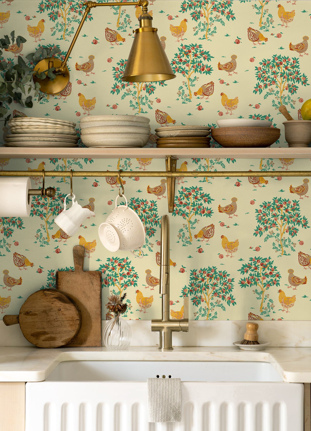 Hen House Butter Yellow by NuWallpaper PrintFresh Cozy Hens and Fruit Trees Eclectic Countryside Pastoral Peel and Stick Wallpaper - PFS6560