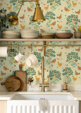 Hen House Butter Yellow by NuWallpaper PrintFresh Cozy Hens and Fruit Trees Eclectic Countryside Pastoral Peel and Stick Wallpaper - PFS6560