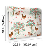 Hen House Linen by NuWallpaper from the PrintFresh Collection Eclectic Countryside Pastoral Hens and Fruit Trees Peel and Stick Wallpaper - PFS6561