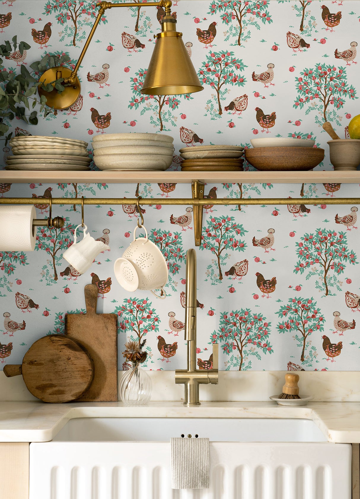 Hen House Linen by NuWallpaper from the PrintFresh Collection Eclectic Countryside Pastoral Hens and Fruit Trees Peel and Stick Wallpaper - PFS6561