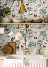 Hen House Linen by NuWallpaper from the PrintFresh Collection Eclectic Countryside Pastoral Hens and Fruit Trees Peel and Stick Wallpaper - PFS6561