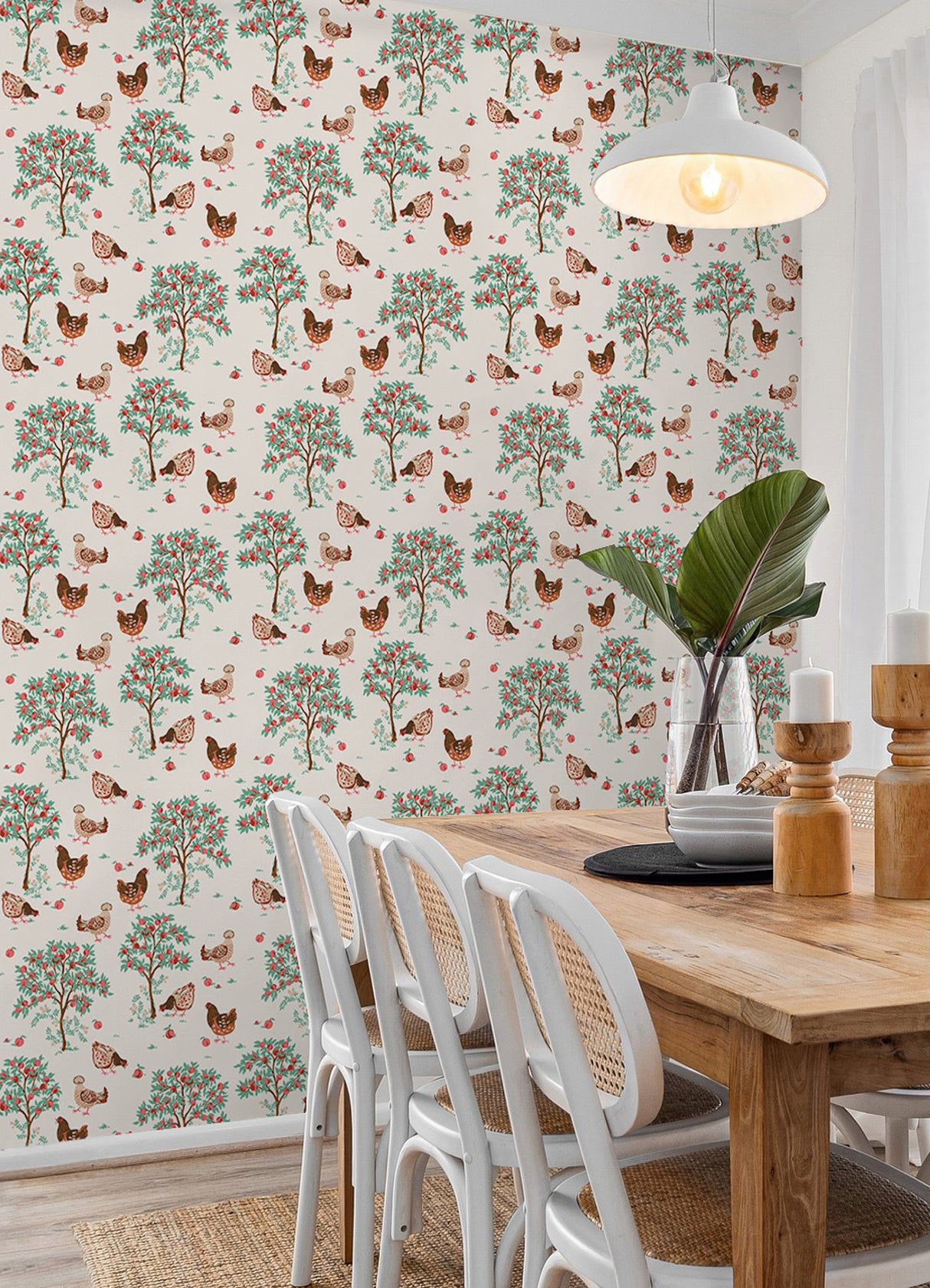Hen House Linen by NuWallpaper from the PrintFresh Collection Eclectic Countryside Pastoral Hens and Fruit Trees Peel and Stick Wallpaper - PFS6561