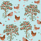 Hen House Aqua Peel and Stick Wallpaper by NuWallpaper featuring illustrated hens and fruit trees on a soft aqua background