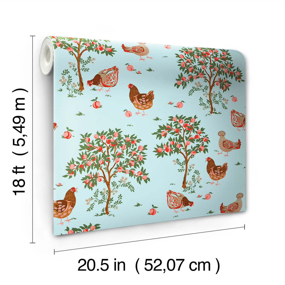 Hen House Aqua by NuWallpaper PrintFresh Eclectic Countryside Pastoral Hens Amongst Fruit Trees Peel and Stick Wallpaper - NuWallpaper PFS6562