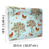 Hen House Aqua by NuWallpaper PrintFresh Eclectic Countryside Pastoral Hens Amongst Fruit Trees Peel and Stick Wallpaper - NuWallpaper PFS6562