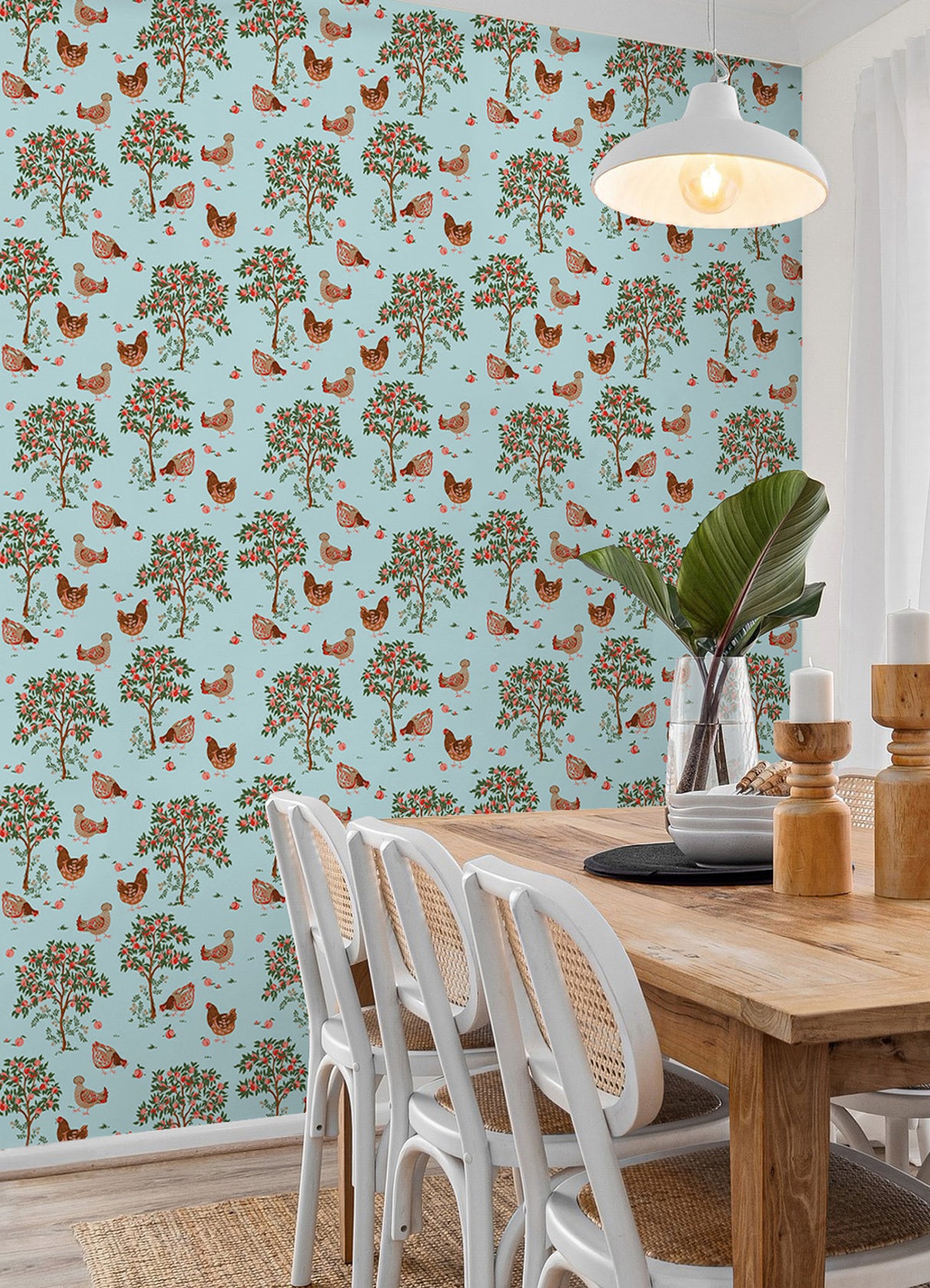 Hen House Aqua by NuWallpaper PrintFresh Eclectic Countryside Pastoral Hens Amongst Fruit Trees Peel and Stick Wallpaper - NuWallpaper PFS6562