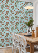 Hen House Aqua by NuWallpaper PrintFresh Eclectic Countryside Pastoral Hens Amongst Fruit Trees Peel and Stick Wallpaper - NuWallpaper PFS6562