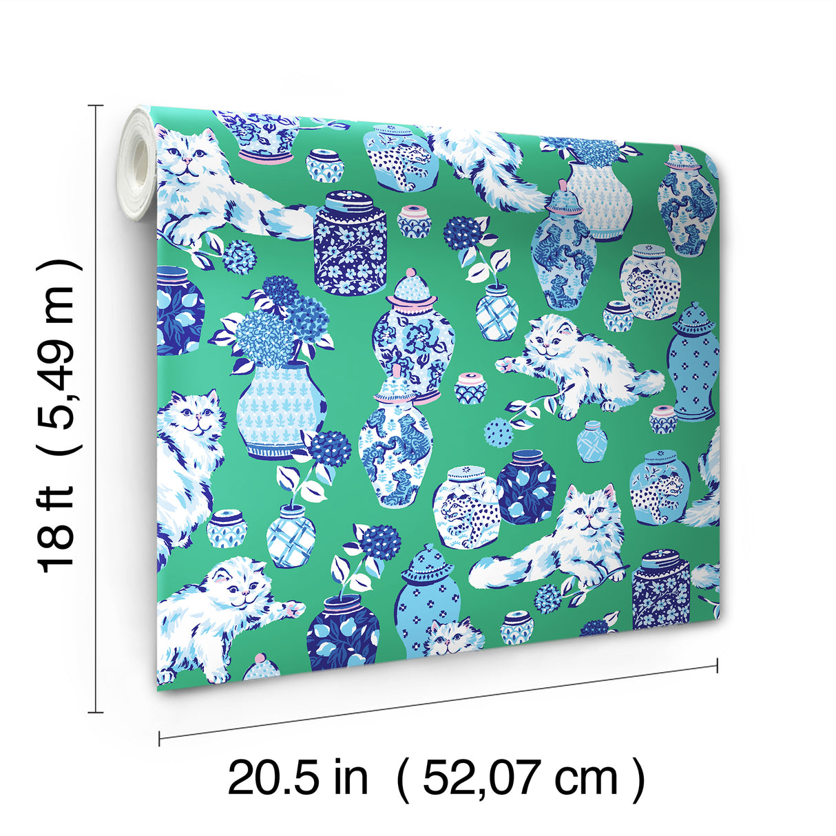Fancy Cats Green by NuWallpaper Eclectic Playful Feline Blue and White Pottery Animal Novelty Peel and Stick Wallpaper WallPops - PFS6563