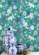 Fancy Cats Green by NuWallpaper Eclectic Playful Feline Blue and White Pottery Animal Novelty Peel and Stick Wallpaper WallPops - PFS6563