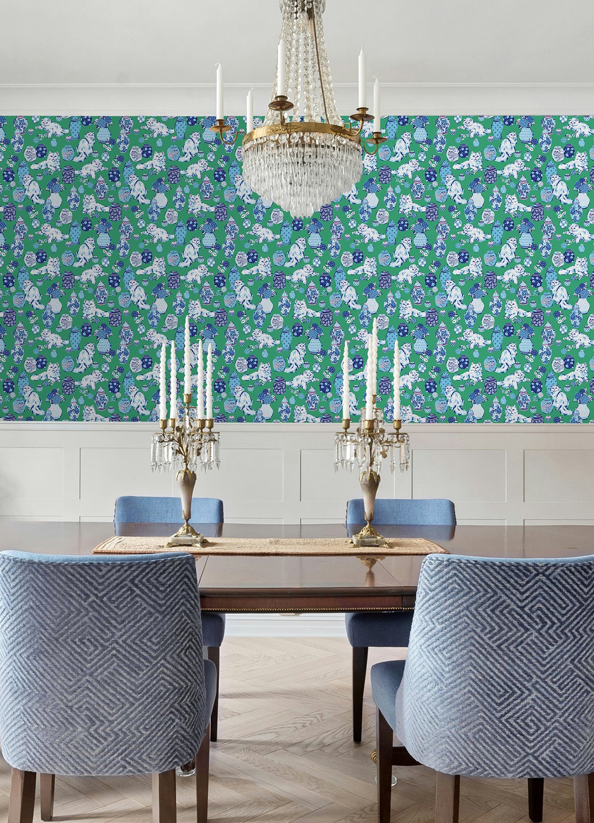 Fancy Cats Green by NuWallpaper Eclectic Playful Feline Blue and White Pottery Animal Novelty Peel and Stick Wallpaper WallPops - PFS6563
