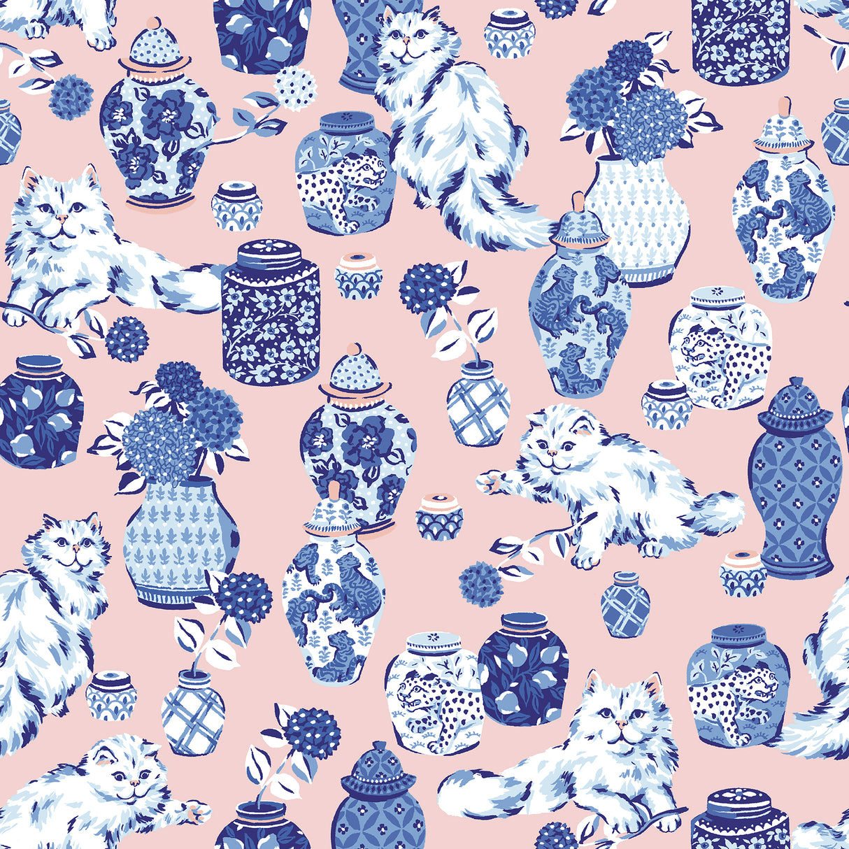 Fancy Cats Pink Peel and Stick Wallpaper by NuWallpaper PFS6564 - Fluffy cats and blue and white ginger jars on a pink background