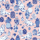 Fancy Cats Pink Peel and Stick Wallpaper by NuWallpaper PFS6564 - Fluffy cats and blue and white ginger jars on a pink background