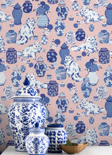 Fancy Cats Pink by NuWallpaper PrintFresh Eclectic Blue and White Fluffy Cat and Ginger Jar Peel and Stick Wallpaper - PFS6564
