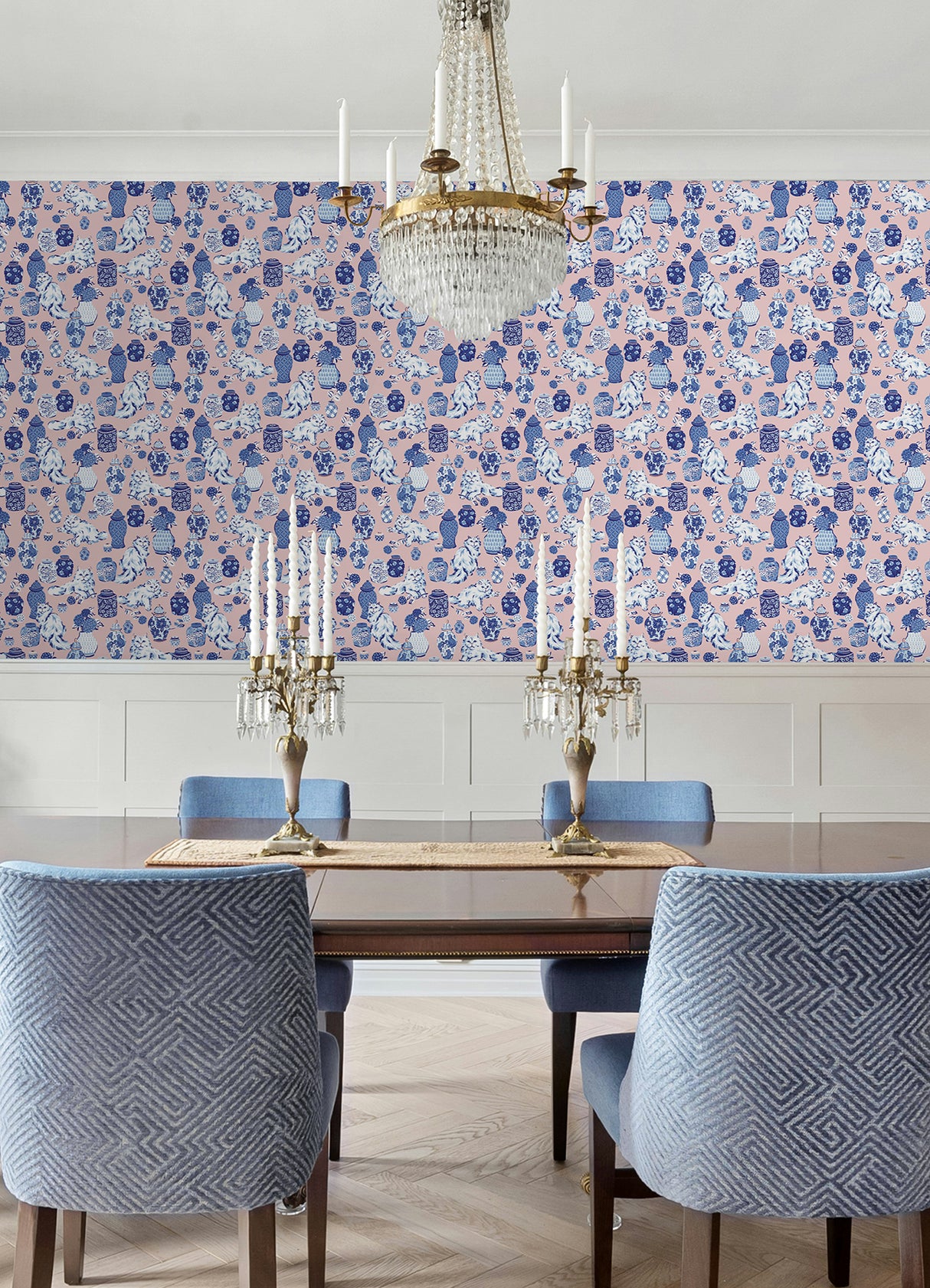 Fancy Cats Pink by NuWallpaper PrintFresh Eclectic Blue and White Fluffy Cat and Ginger Jar Peel and Stick Wallpaper - PFS6564