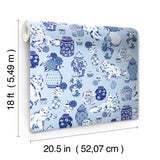 PrintFresh Fancy Cats Blue Peel and Stick Wallpaper by NuWallpaper Eclectic Whimsical Cat and Blue White Pottery Ginger Jar Design - PFS6565
