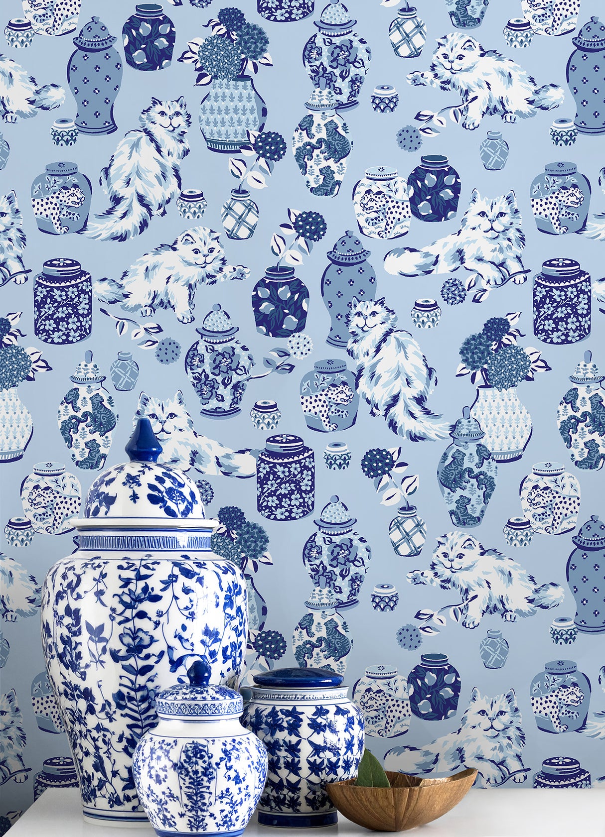PrintFresh Fancy Cats Blue Peel and Stick Wallpaper by NuWallpaper Eclectic Whimsical Cat and Blue White Pottery Ginger Jar Design - PFS6565