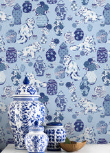 PrintFresh Fancy Cats Blue Peel and Stick Wallpaper by NuWallpaper Eclectic Whimsical Cat and Blue White Pottery Ginger Jar Design - PFS6565