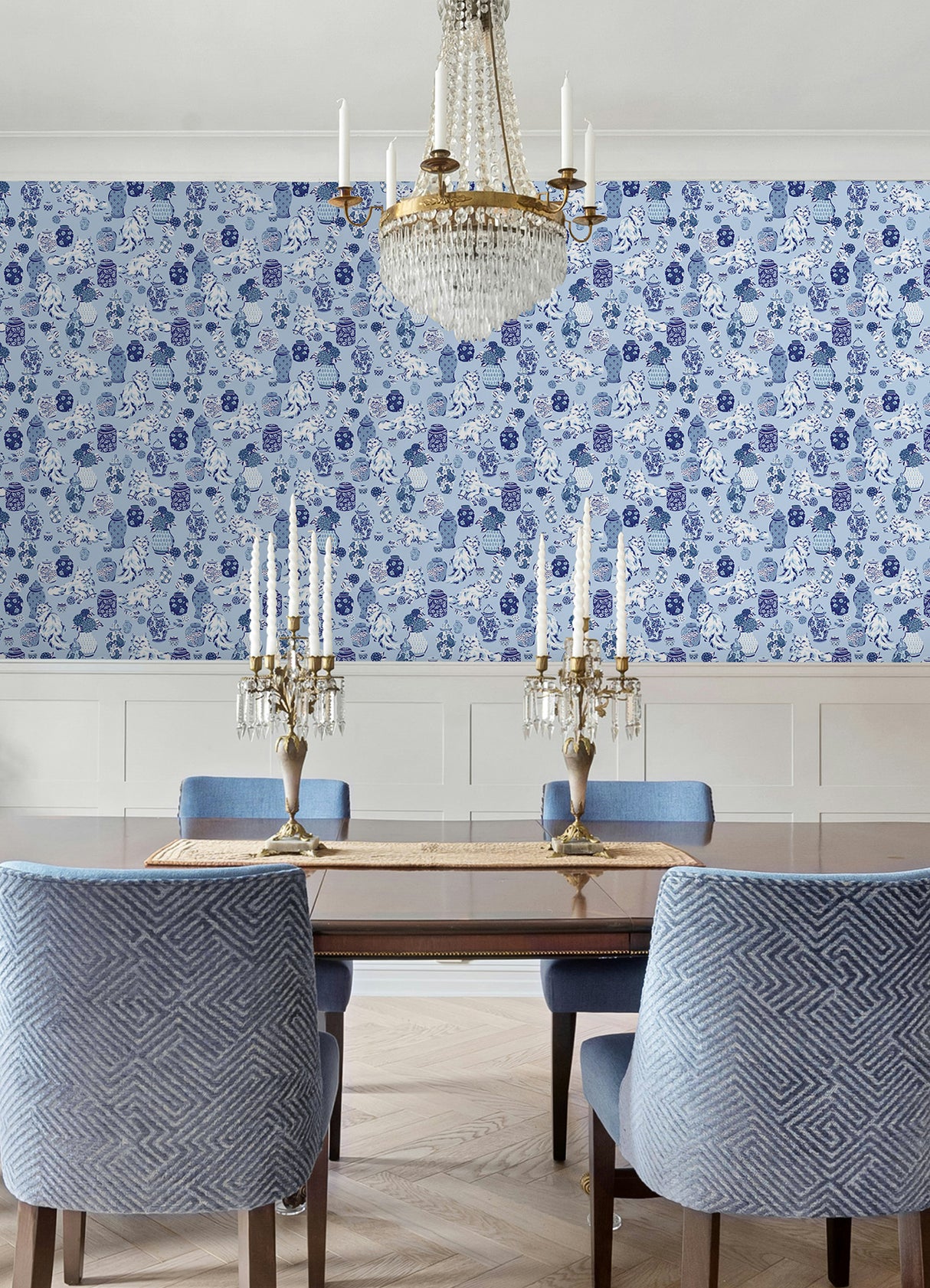 PrintFresh Fancy Cats Blue Peel and Stick Wallpaper by NuWallpaper Eclectic Whimsical Cat and Blue White Pottery Ginger Jar Design - PFS6565