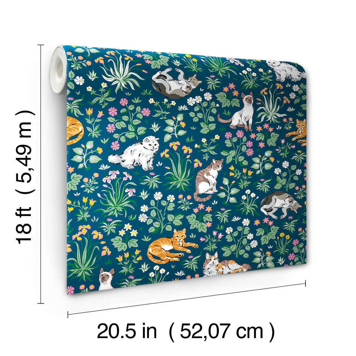 Must Love Cats Indigo by NuWallpaper PrintFresh Whimsical Illustrated Cats and Colorful Botanical Garden Peel and Stick Wallpaper - PFS6566
