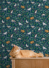 Must Love Cats Indigo by NuWallpaper PrintFresh Whimsical Illustrated Cats and Colorful Botanical Garden Peel and Stick Wallpaper - PFS6566