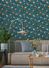 Must Love Cats Indigo by NuWallpaper PrintFresh Whimsical Illustrated Cats and Colorful Botanical Garden Peel and Stick Wallpaper - PFS6566