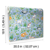 Must Love Cats Blue by NuWallpaper Whimsical Illustrated Felines with Colorful Botanical Garden Scenes Peel and Stick Wallpaper - PFS6567