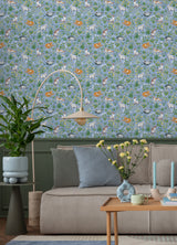 Must Love Cats Blue by NuWallpaper Whimsical Illustrated Felines with Colorful Botanical Garden Scenes Peel and Stick Wallpaper - PFS6567