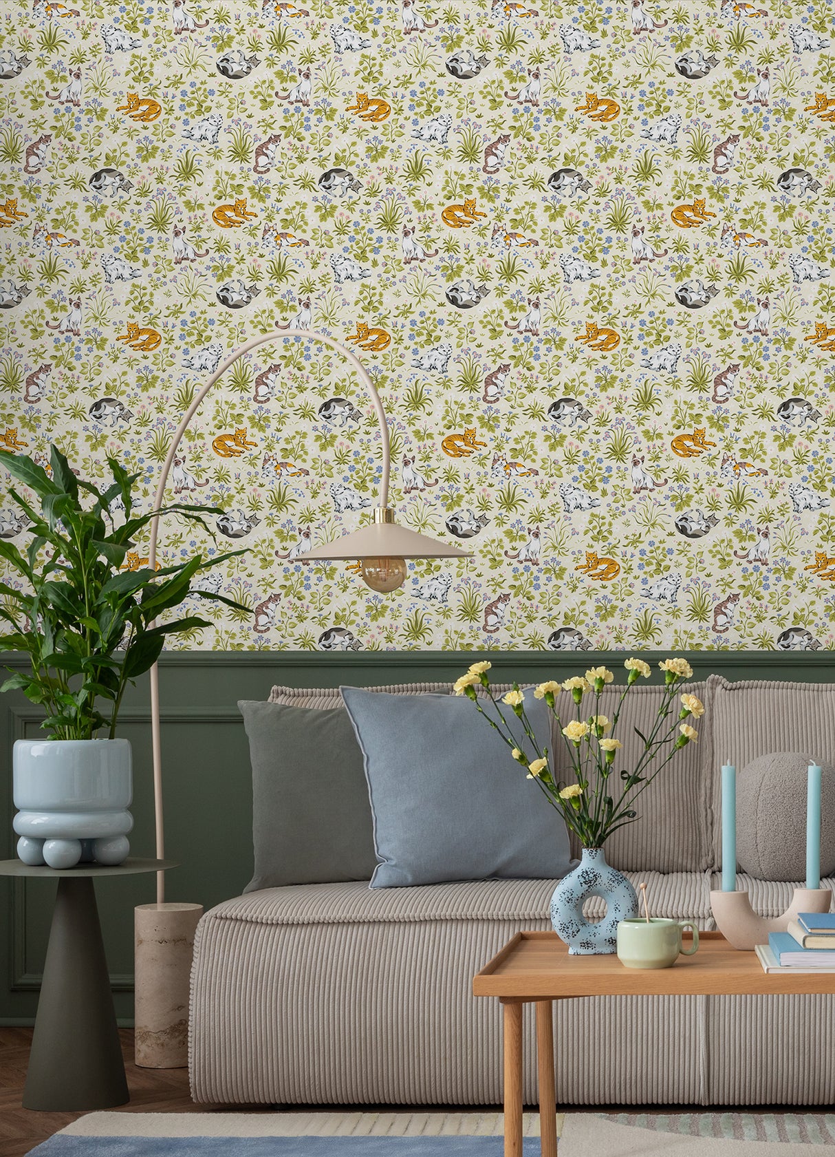Must Love Cats Linen by NuWallpaper Eclectic Illustrated Cats and Colorful Botanical Garden Peel and Stick Wallpaper - PFS6568