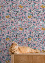 Must Love Cats Pink by NuWallpaper PrintFresh Eclectic Illustrated Feline and Colorful Botanical Garden Peel and Stick Wallpaper - PFS6569