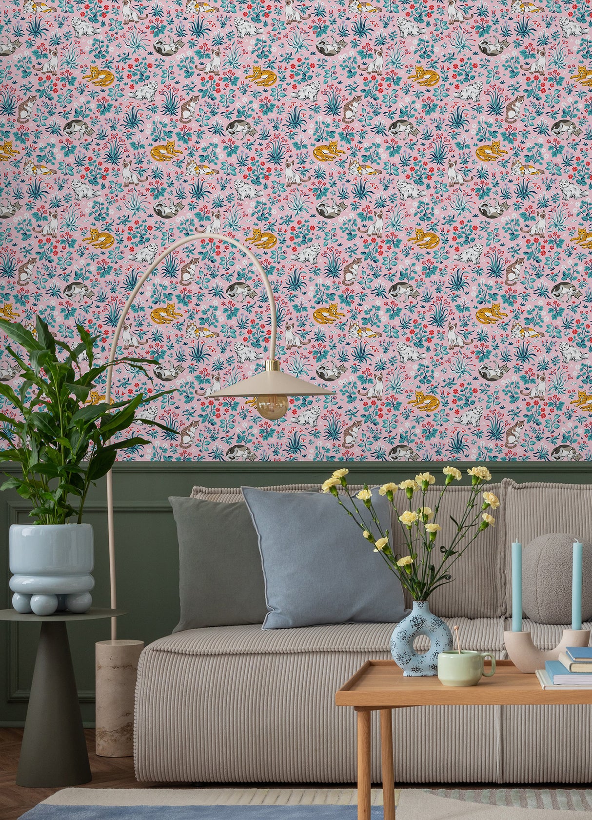 Must Love Cats Pink by NuWallpaper PrintFresh Eclectic Illustrated Feline and Colorful Botanical Garden Peel and Stick Wallpaper - PFS6569