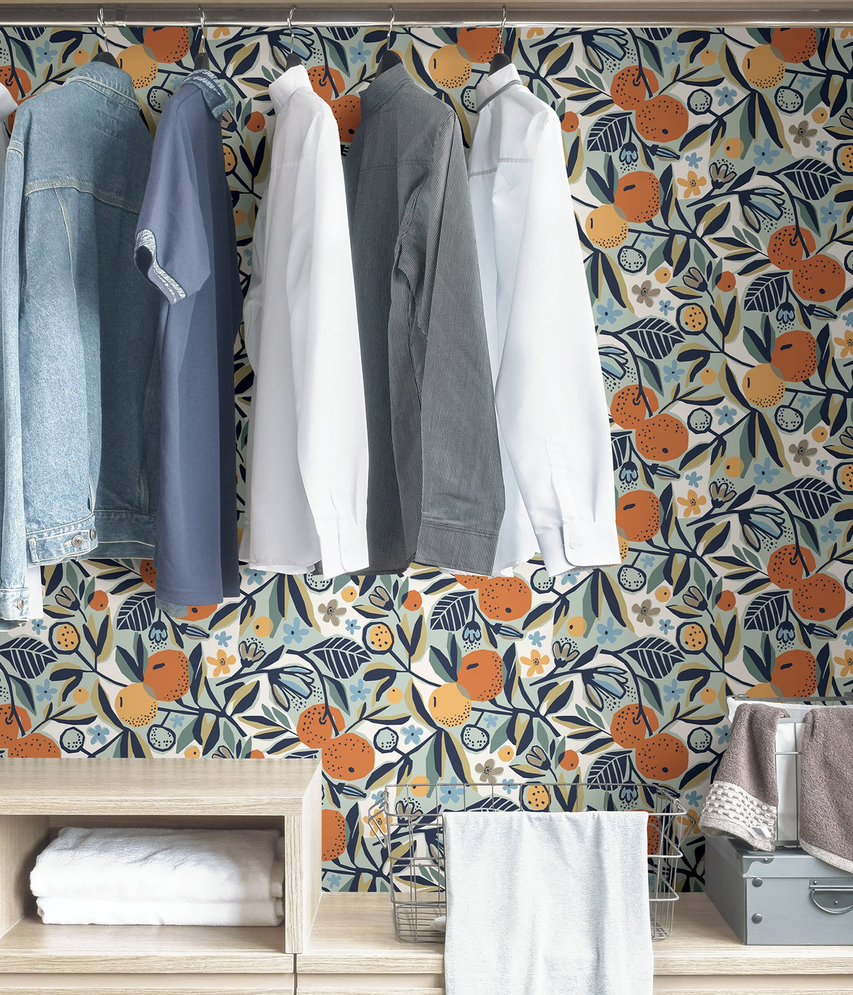 Clementine Garden Navy Peel & Stick Wallpaper with Retro Fruit Motif - Brewster PLS4199