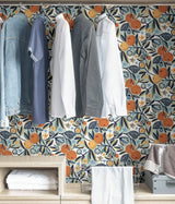 Clementine Garden Navy Peel & Stick Wallpaper with Retro Fruit Motif - Brewster PLS4199
