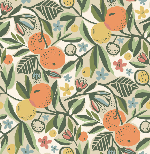 Clementine Garden Ochre Peel & Stick Wallpaper with Fruit Motif - NuWallpaper PLS4200