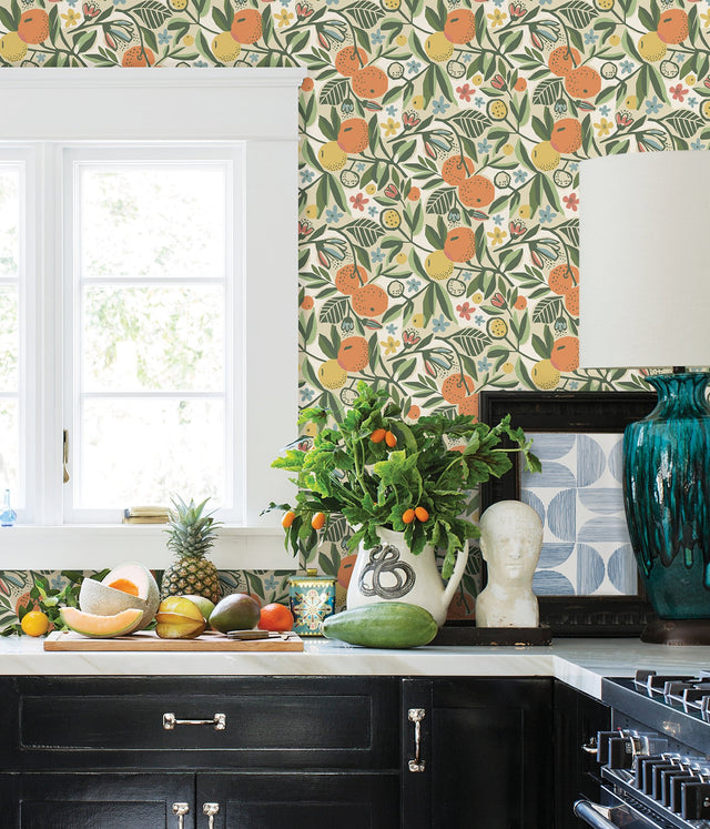 Clementine Garden Ochre Peel & Stick Wallpaper with Fruit Motif - NuWallpaper PLS4200
