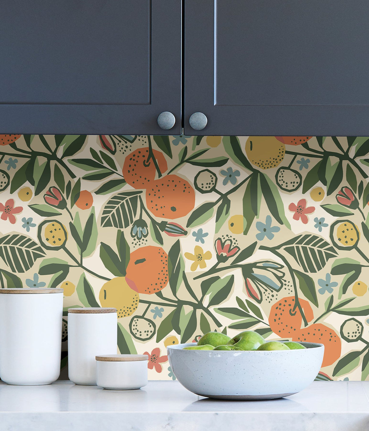 Clementine Garden Ochre Peel & Stick Wallpaper with Fruit Motif - NuWallpaper PLS4200