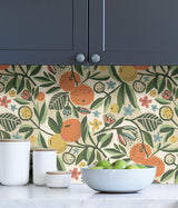 Clementine Garden Ochre Peel & Stick Wallpaper with Fruit Motif - NuWallpaper PLS4200