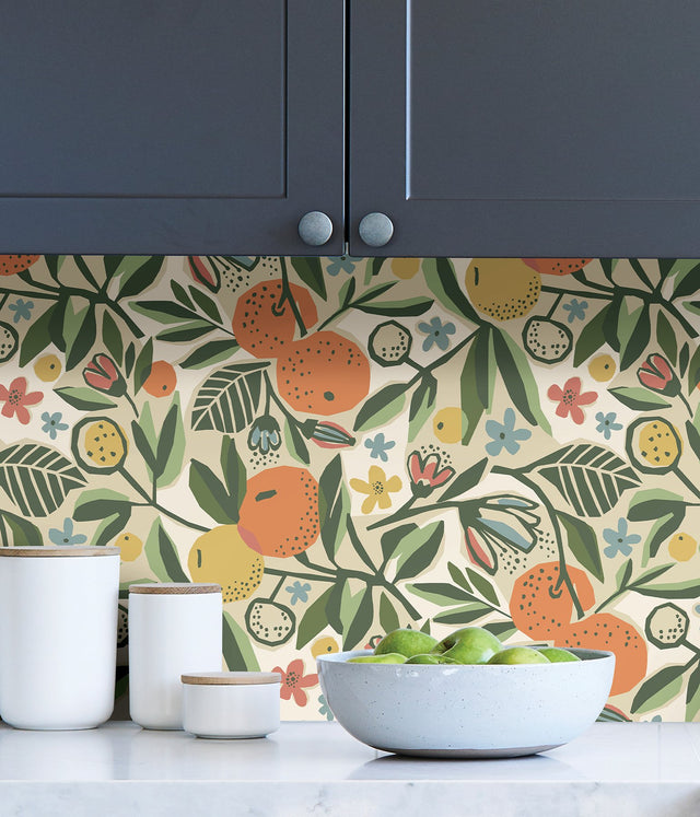 Clementine Garden Ochre Peel & Stick Wallpaper with Fruit Motif - NuWallpaper PLS4200