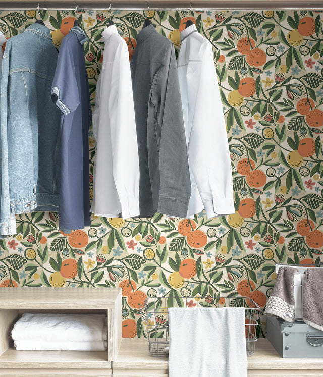 Clementine Garden Ochre Peel & Stick Wallpaper with Fruit Motif - NuWallpaper PLS4200