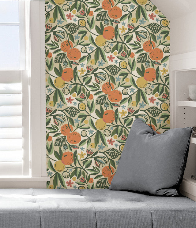 Clementine Garden Ochre Peel & Stick Wallpaper with Fruit Motif - NuWallpaper PLS4200