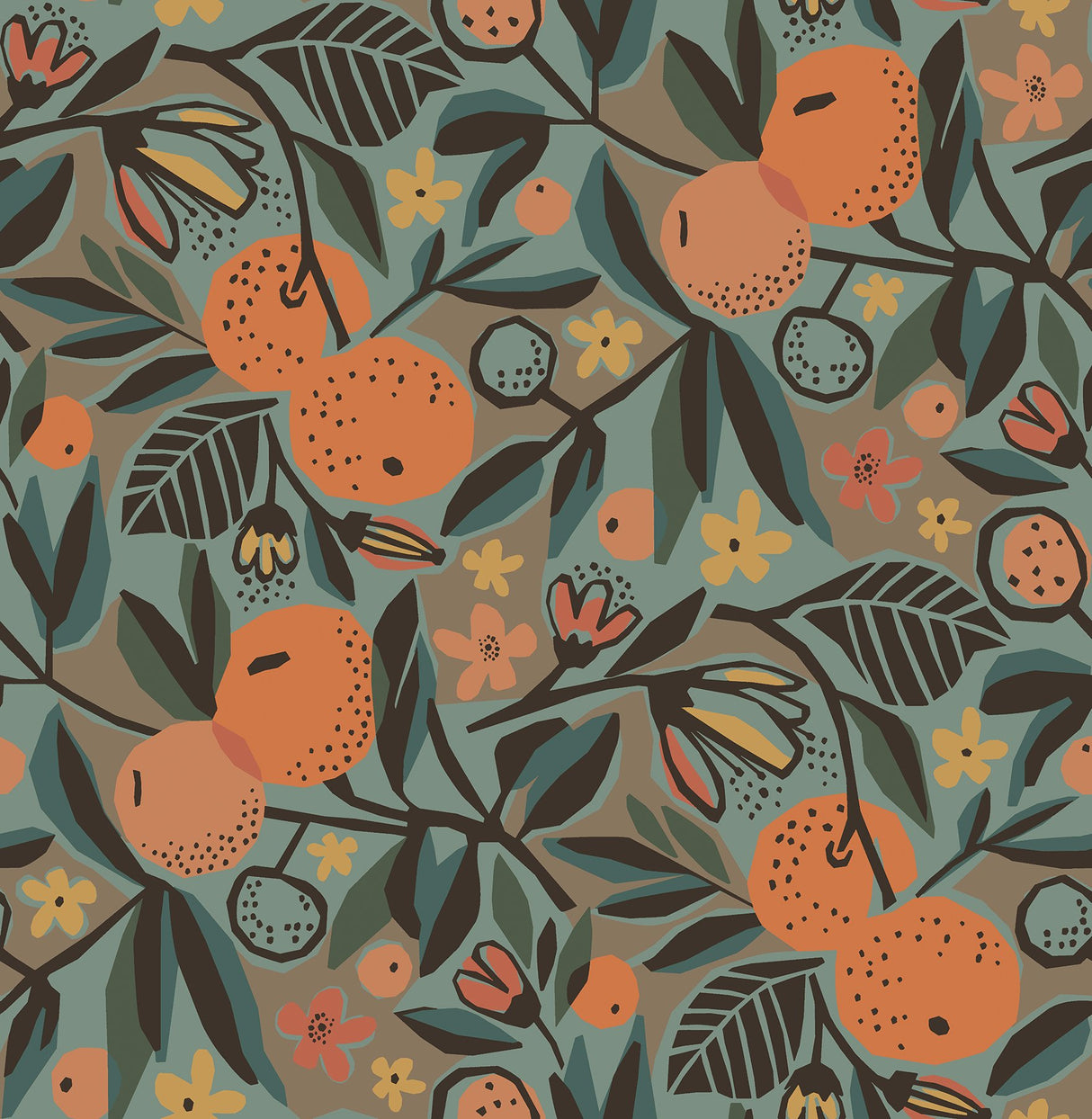 Clementine Garden Teal Peel & Stick Wallpaper with Bohemian Fruit Pattern - Brewster PLS4201
