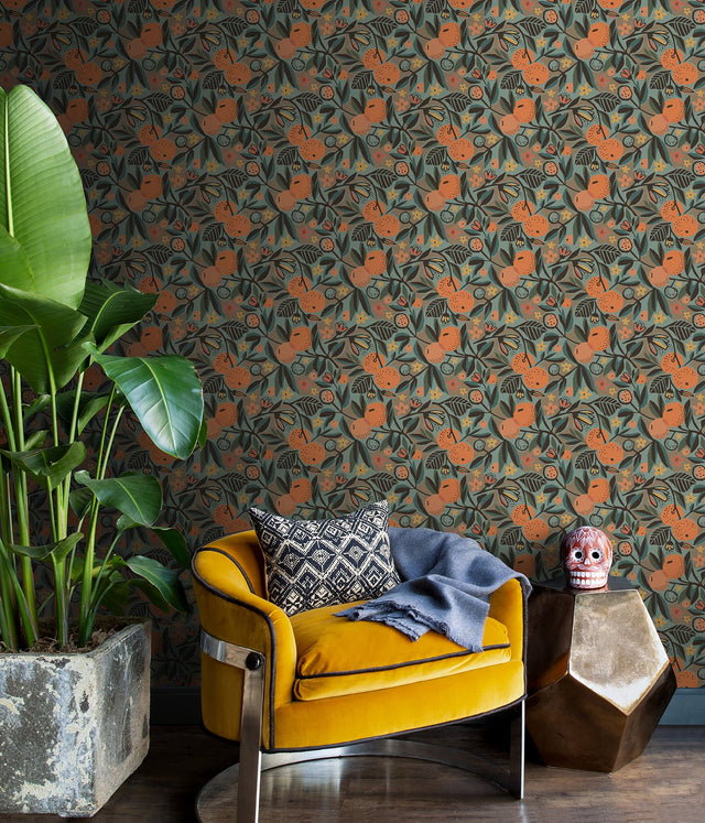 Clementine Garden Teal Peel & Stick Wallpaper with Bohemian Fruit Pattern - Brewster PLS4201