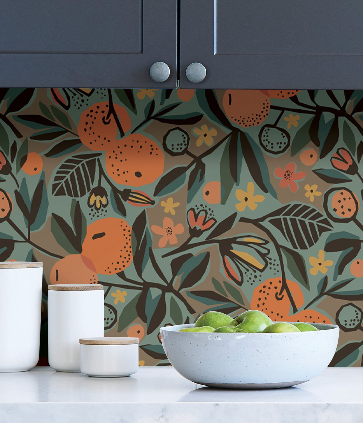 Clementine Garden Teal Peel & Stick Wallpaper with Bohemian Fruit Pattern - Brewster PLS4201