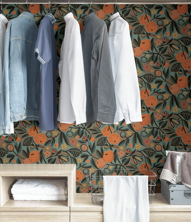 Clementine Garden Teal Peel & Stick Wallpaper with Bohemian Fruit Pattern - Brewster PLS4201