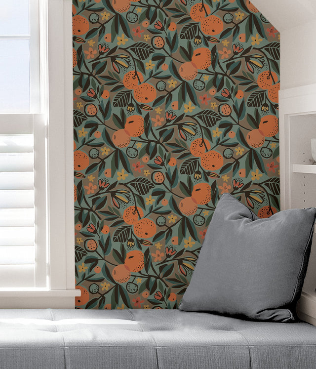 Clementine Garden Teal Peel & Stick Wallpaper with Bohemian Fruit Pattern - Brewster PLS4201