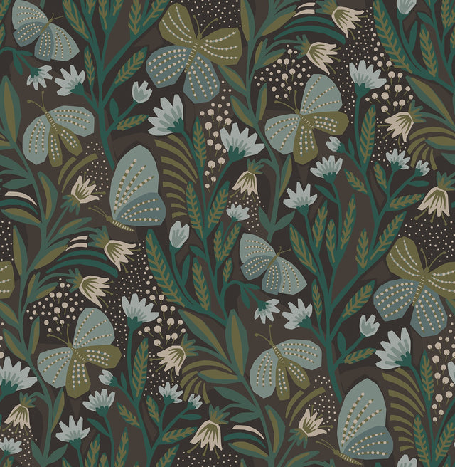 Papillon Flutter Chocolate Peel & Stick Wallpaper with Whimsical Botanical Butterflies - NuWallpaper PLS4202