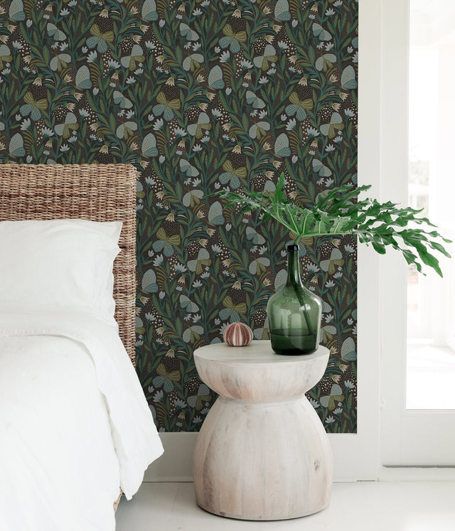 Papillon Flutter Chocolate Peel & Stick Wallpaper with Whimsical Botanical Butterflies - NuWallpaper PLS4202