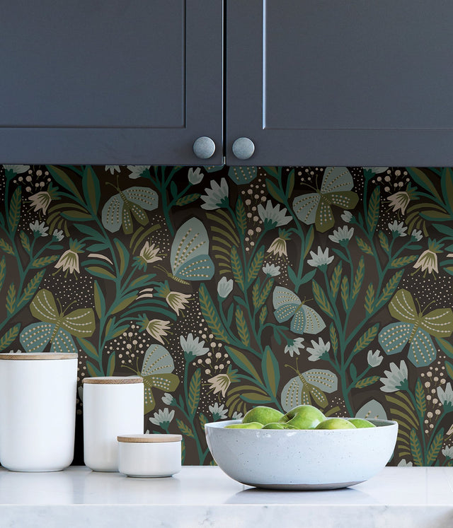 Papillon Flutter Chocolate Peel & Stick Wallpaper with Whimsical Botanical Butterflies - NuWallpaper PLS4202
