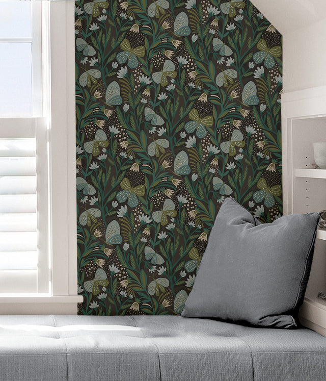 Papillon Flutter Chocolate Peel & Stick Wallpaper with Whimsical Botanical Butterflies - NuWallpaper PLS4202