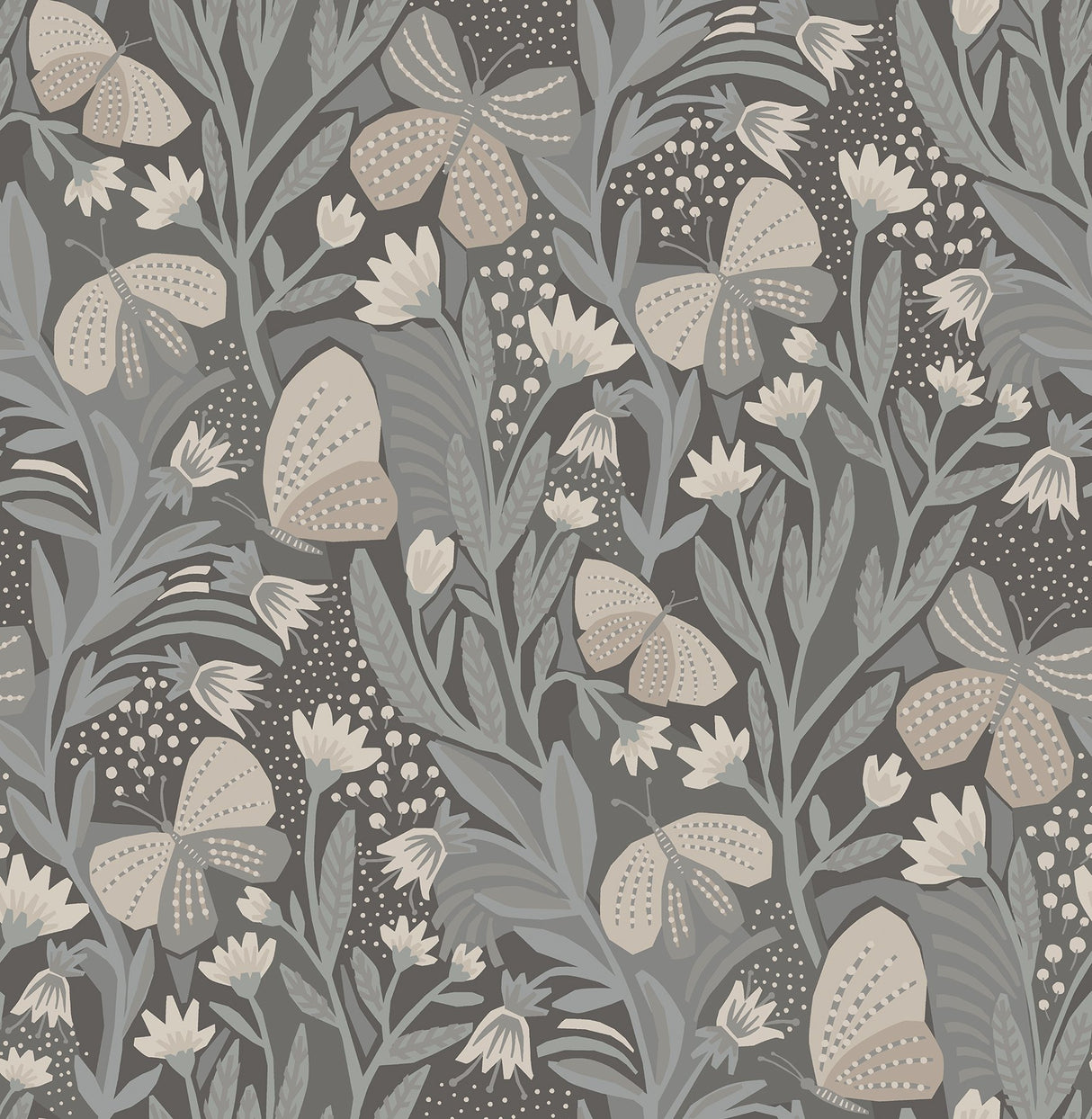 Papillion Flutter Blue Grey Peel & Stick Wallpaper with Whimsical Botanical Butterfly Pattern - NuWallpaper PLS4203
